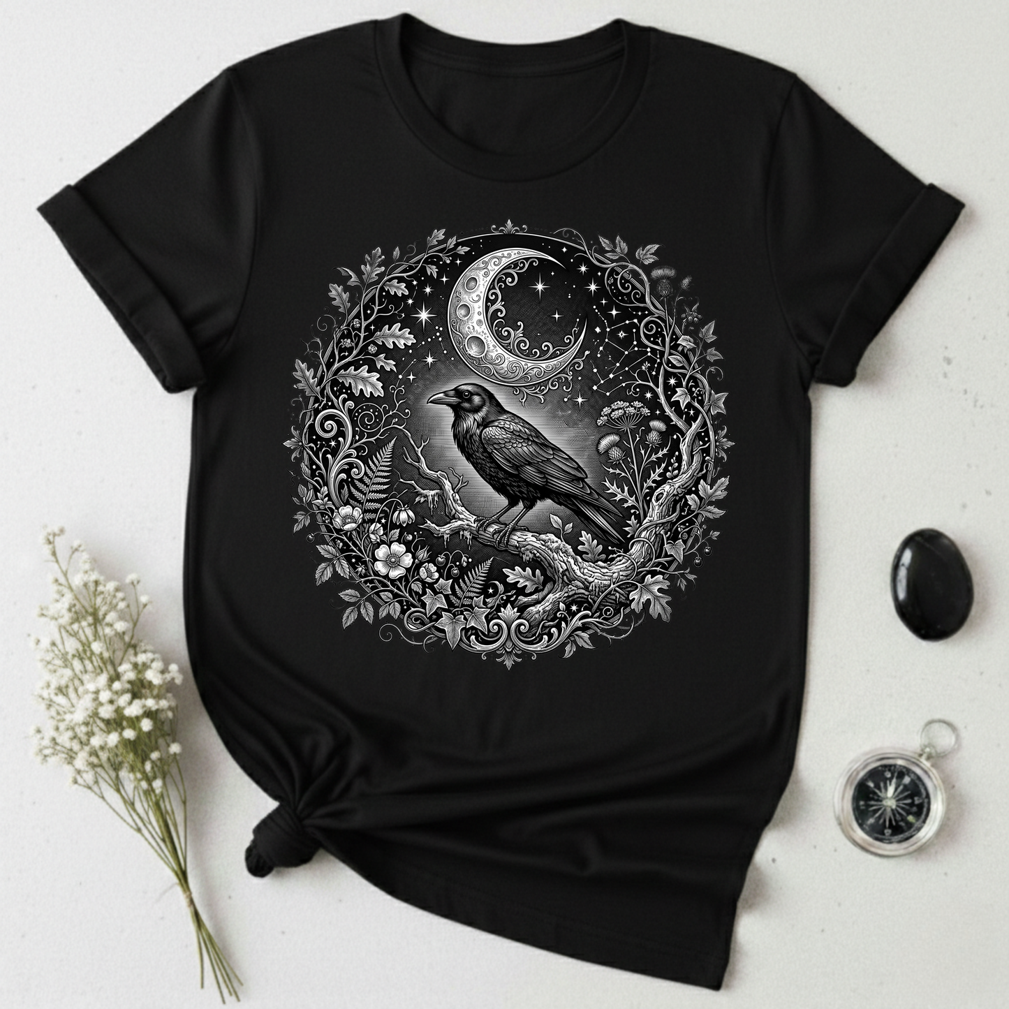 Crow Under Crescent Moon T-Shirt